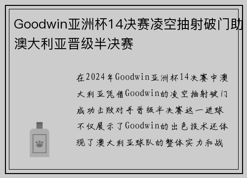 Goodwin亚洲杯14决赛凌空抽射破门助澳大利亚晋级半决赛