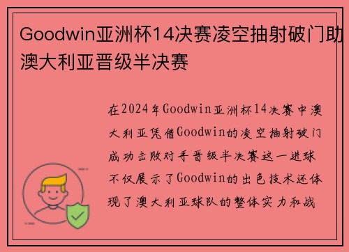 Goodwin亚洲杯14决赛凌空抽射破门助澳大利亚晋级半决赛