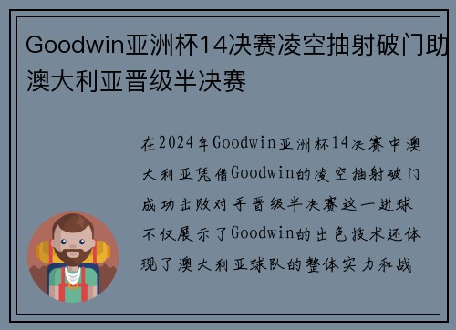 Goodwin亚洲杯14决赛凌空抽射破门助澳大利亚晋级半决赛
